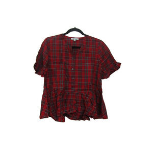 Madewell Red Plaid Ruffle Top size S Short Sleeve Boho Holiday Timeless Classic